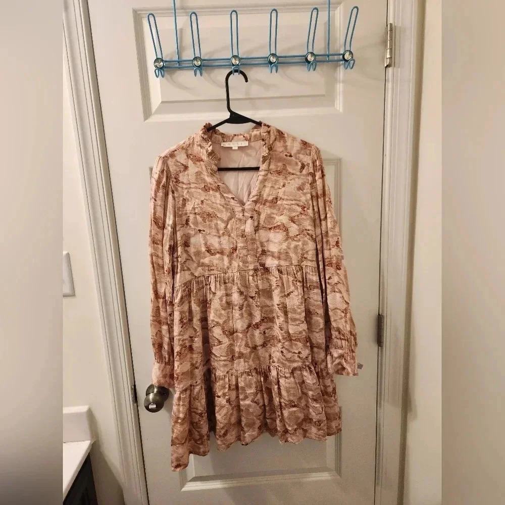 Karlie Dress Size S Floral Tiered Rayon Ruffled Mini Boho Beige #V506